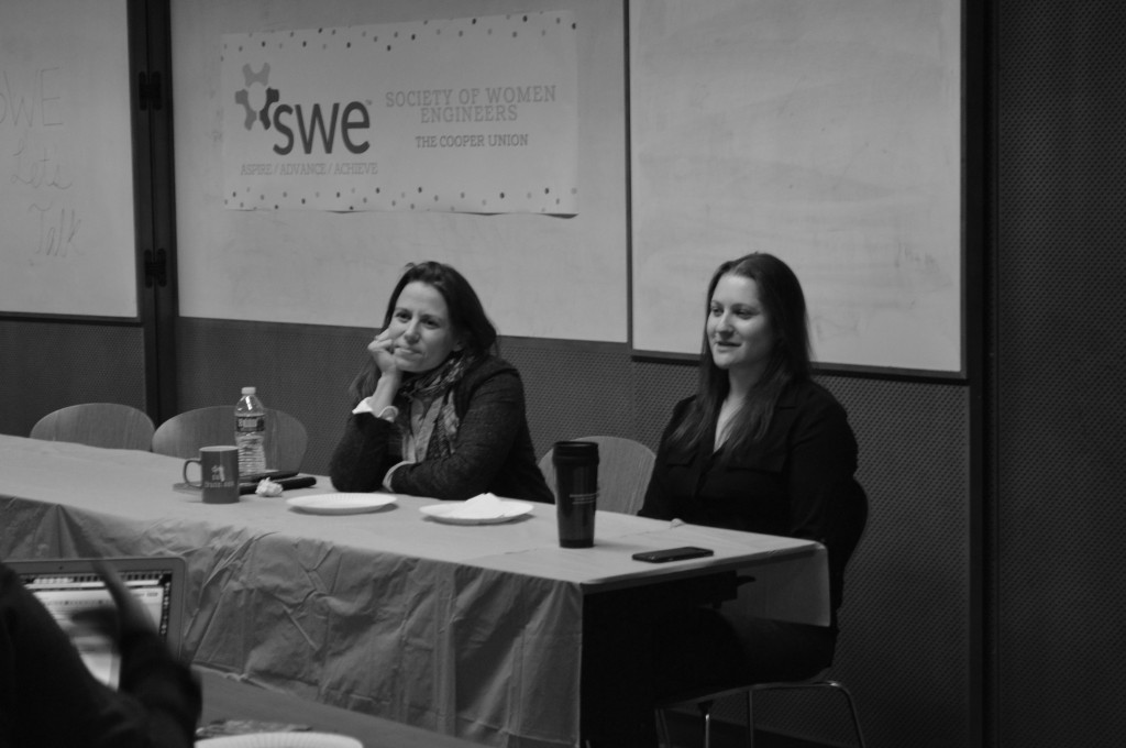 Chemical engineering professors Amanda Simson (left) and Jennifer Weiser (right) discuss their experiences as women in engineering. Photo by Kavya Udupa (BSE '19).